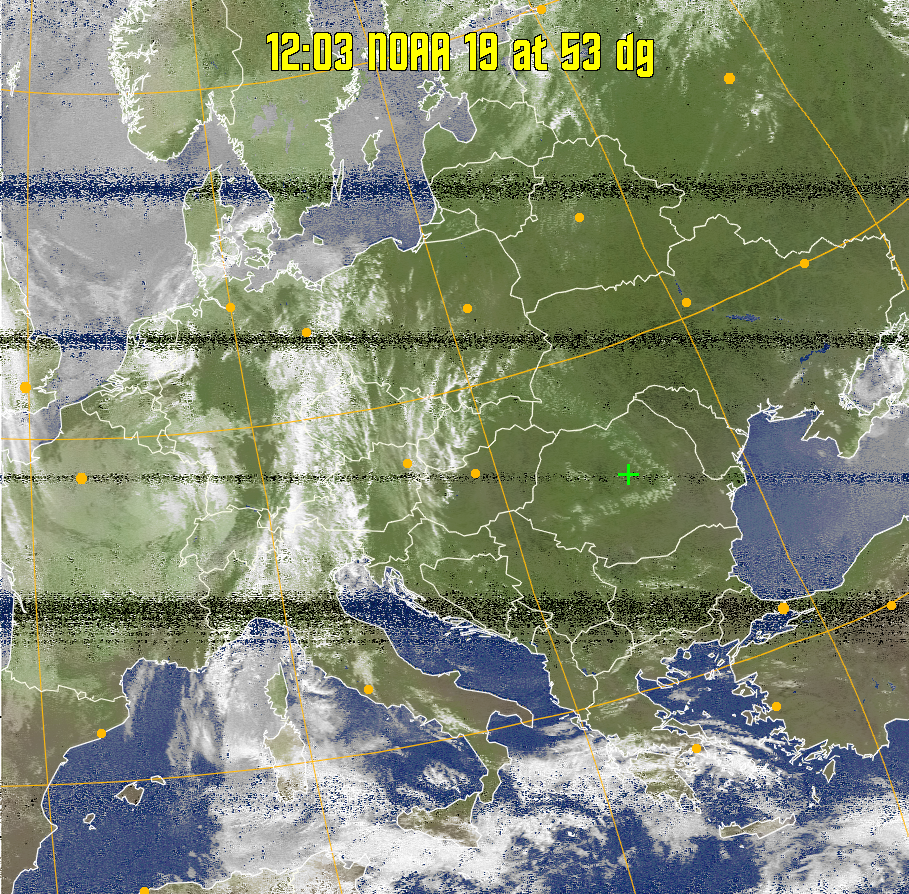 MCIR-precip: 
Colours the NOAA sensor 4 IR image using a map to colour the sea blue and land
green. High clouds appear white, lower clouds gray or land/sea coloured, clouds
generally appear lighter, but distinguishing between land/sea and low cloud may
be difficult. Darker colours indicate warmer regions.