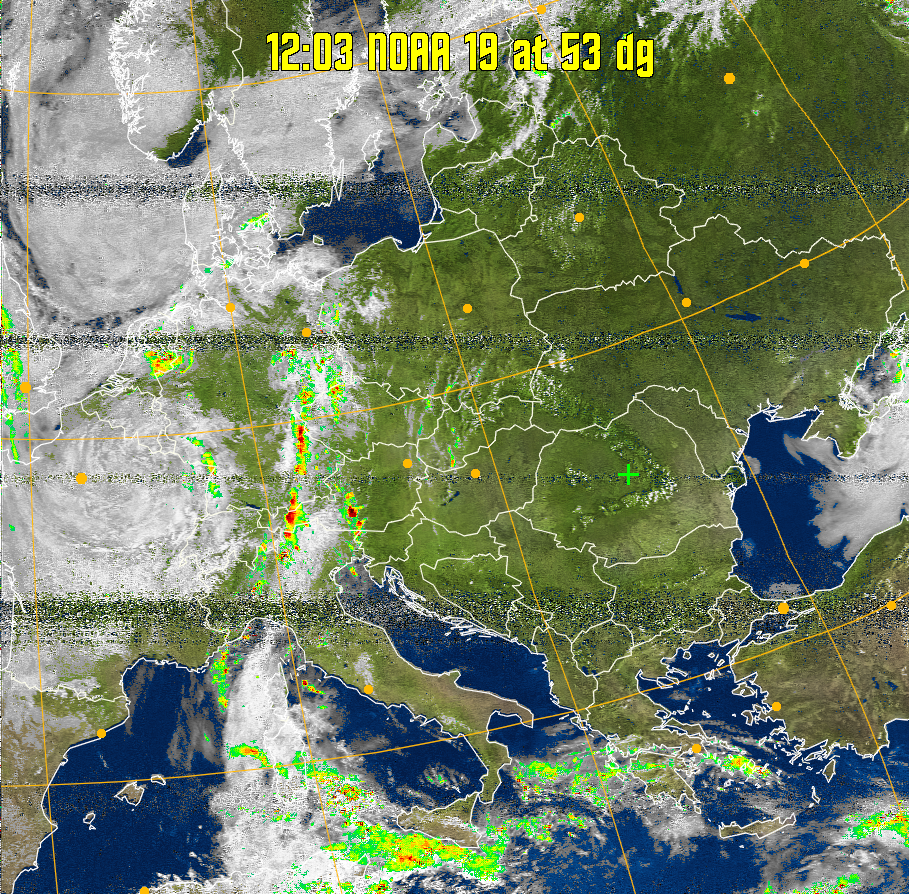 MSA-precip:
Same as MSA multispectral analysis, but high cold cloud tops are coloured the
same as the NO enhancement to give an approximate indication of the probability
and intensity of precipitation.