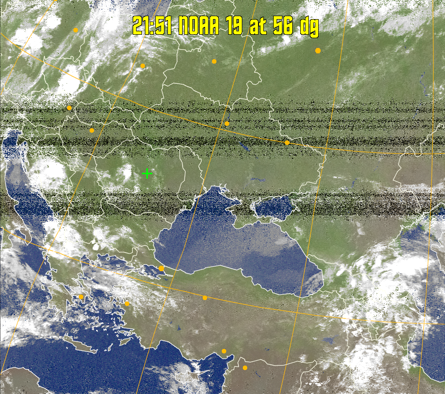 MCIR-precip: 
Colours the NOAA sensor 4 IR image using a map to colour the sea blue and land
green. High clouds appear white, lower clouds gray or land/sea coloured, clouds
generally appear lighter, but distinguishing between land/sea and low cloud may
be difficult. Darker colours indicate warmer regions.