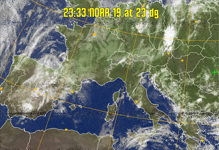MCIR-precip: 
Colours the NOAA sensor 4 IR image using a map to colour the sea blue and land
green. High clouds appear white, lower clouds gray or land/sea coloured, clouds
generally appear lighter, but distinguishing between land/sea and low cloud may
be difficult. Darker colours indicate warmer regions.