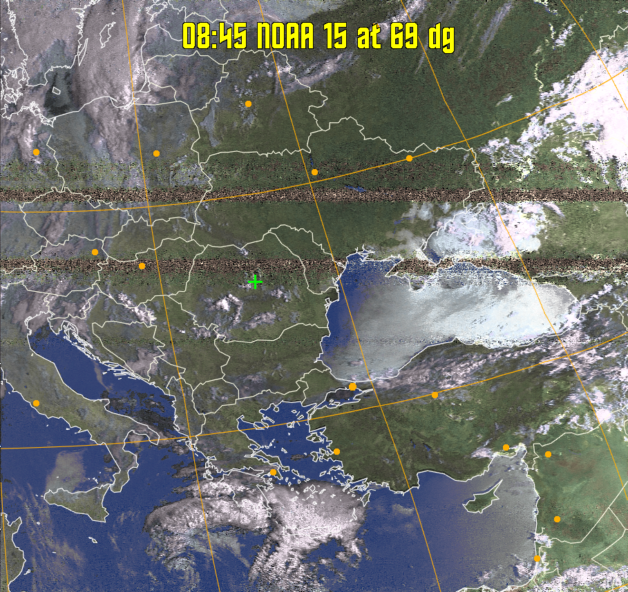 HVCT:
Similar to HVC, but with blue water and with colours more indicative of
land temperatures.
HVC:
Creates a false colour image from NOAA APT images based on temperature using
the HVC colour model. Uses the temperature derived from the sensor 4 image to
select the hue and the brightness from the histogram equalised other image to
select the value and chroma. The HVC colour model attempts to ensure that different colours at the same value will appear to the eye to be the same brightness
and the spacing between colours representing each degree will appear to the eye to
be similar. Bright areas are completely unsaturated in this model.