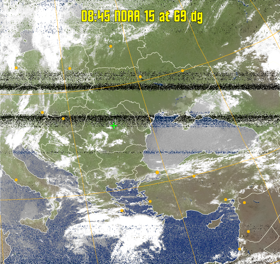 MCIR-precip: 
Colours the NOAA sensor 4 IR image using a map to colour the sea blue and land
green. High clouds appear white, lower clouds gray or land/sea coloured, clouds
generally appear lighter, but distinguishing between land/sea and low cloud may
be difficult. Darker colours indicate warmer regions.