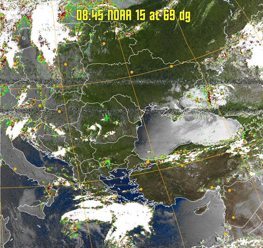 MSA-precip:
Same as MSA multispectral analysis, but high cold cloud tops are coloured the
same as the NO enhancement to give an approximate indication of the probability
and intensity of precipitation.