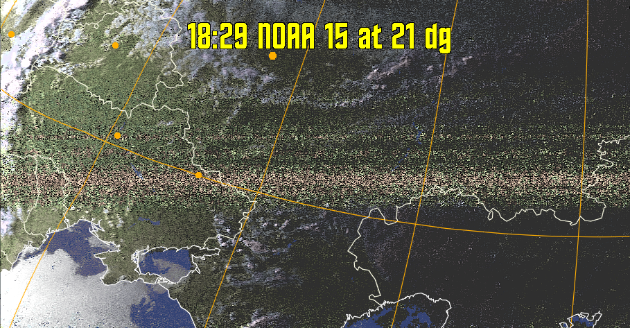 HVCT:
Similar to HVC, but with blue water and with colours more indicative of
land temperatures.
HVC:
Creates a false colour image from NOAA APT images based on temperature using
the HVC colour model. Uses the temperature derived from the sensor 4 image to
select the hue and the brightness from the histogram equalised other image to
select the value and chroma. The HVC colour model attempts to ensure that different colours at the same value will appear to the eye to be the same brightness
and the spacing between colours representing each degree will appear to the eye to
be similar. Bright areas are completely unsaturated in this model.