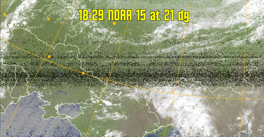 MCIR-precip: 
Colours the NOAA sensor 4 IR image using a map to colour the sea blue and land
green. High clouds appear white, lower clouds gray or land/sea coloured, clouds
generally appear lighter, but distinguishing between land/sea and low cloud may
be difficult. Darker colours indicate warmer regions.