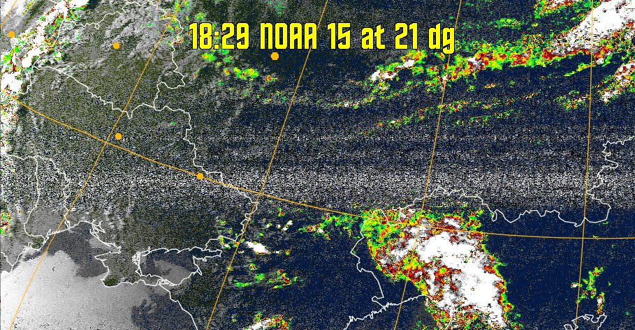 MSA-precip:
Same as MSA multispectral analysis, but high cold cloud tops are coloured the
same as the NO enhancement to give an approximate indication of the probability
and intensity of precipitation.