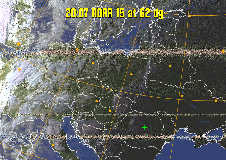 HVCT:
Similar to HVC, but with blue water and with colours more indicative of
land temperatures.
HVC:
Creates a false colour image from NOAA APT images based on temperature using
the HVC colour model. Uses the temperature derived from the sensor 4 image to
select the hue and the brightness from the histogram equalised other image to
select the value and chroma. The HVC colour model attempts to ensure that different colours at the same value will appear to the eye to be the same brightness
and the spacing between colours representing each degree will appear to the eye to
be similar. Bright areas are completely unsaturated in this model.
