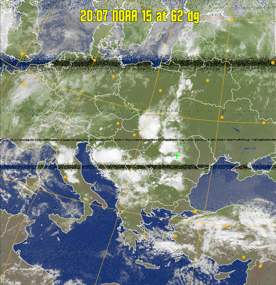 MCIR-precip: 
Colours the NOAA sensor 4 IR image using a map to colour the sea blue and land
green. High clouds appear white, lower clouds gray or land/sea coloured, clouds
generally appear lighter, but distinguishing between land/sea and low cloud may
be difficult. Darker colours indicate warmer regions.