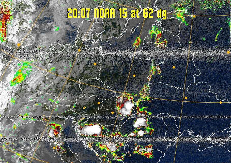 MSA-precip:
Same as MSA multispectral analysis, but high cold cloud tops are coloured the
same as the NO enhancement to give an approximate indication of the probability
and intensity of precipitation.