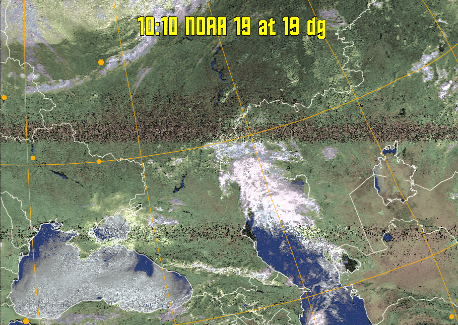 HVCT:
Similar to HVC, but with blue water and with colours more indicative of
land temperatures.
HVC:
Creates a false colour image from NOAA APT images based on temperature using
the HVC colour model. Uses the temperature derived from the sensor 4 image to
select the hue and the brightness from the histogram equalised other image to
select the value and chroma. The HVC colour model attempts to ensure that different colours at the same value will appear to the eye to be the same brightness
and the spacing between colours representing each degree will appear to the eye to
be similar. Bright areas are completely unsaturated in this model.