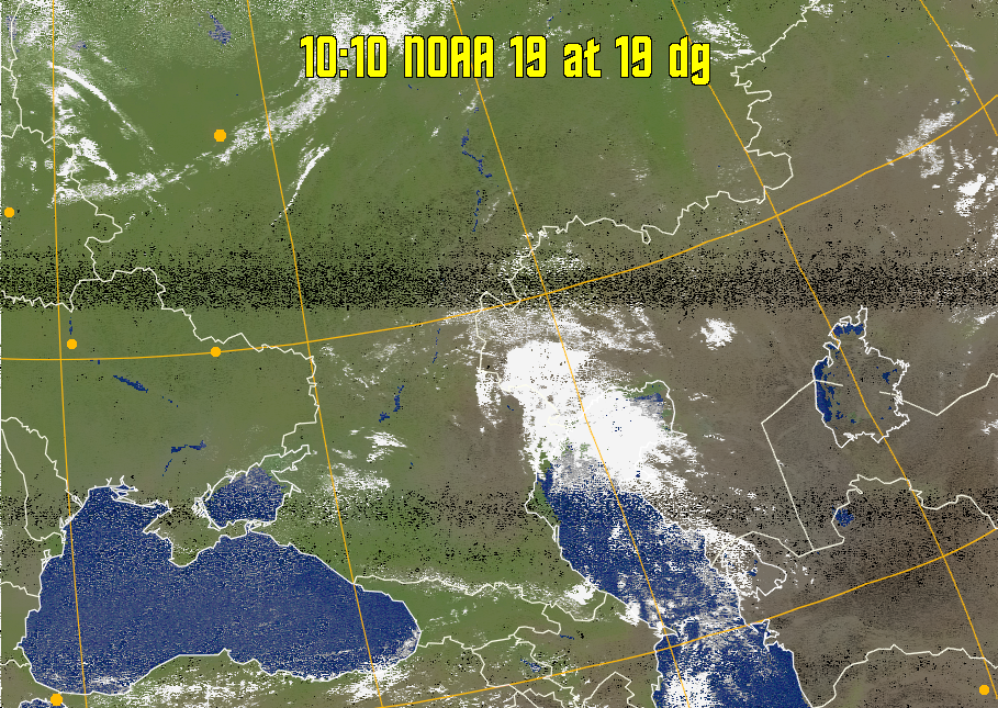 MCIR-precip: 
Colours the NOAA sensor 4 IR image using a map to colour the sea blue and land
green. High clouds appear white, lower clouds gray or land/sea coloured, clouds
generally appear lighter, but distinguishing between land/sea and low cloud may
be difficult. Darker colours indicate warmer regions.
