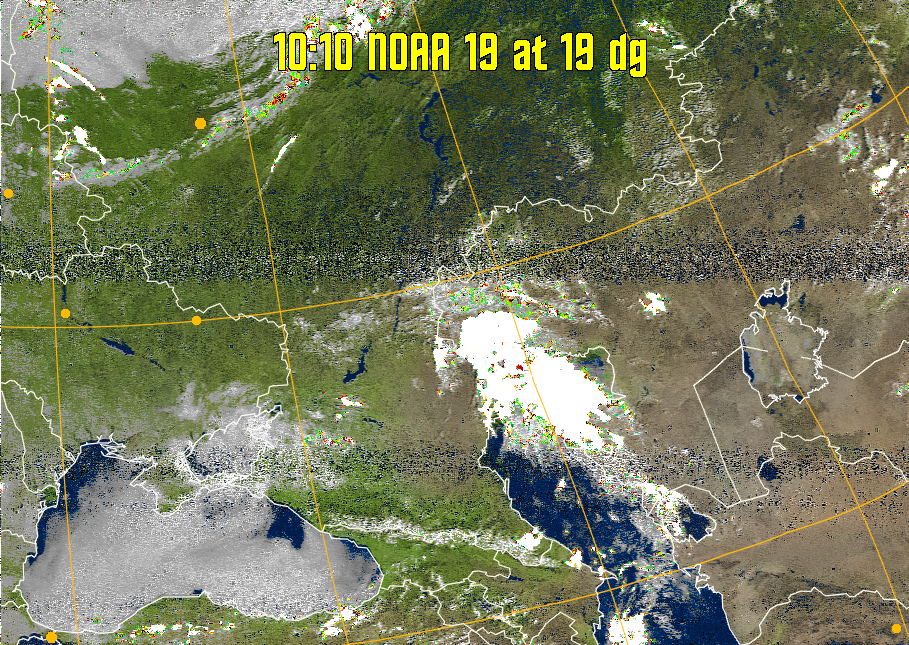 MSA-precip:
Same as MSA multispectral analysis, but high cold cloud tops are coloured the
same as the NO enhancement to give an approximate indication of the probability
and intensity of precipitation.