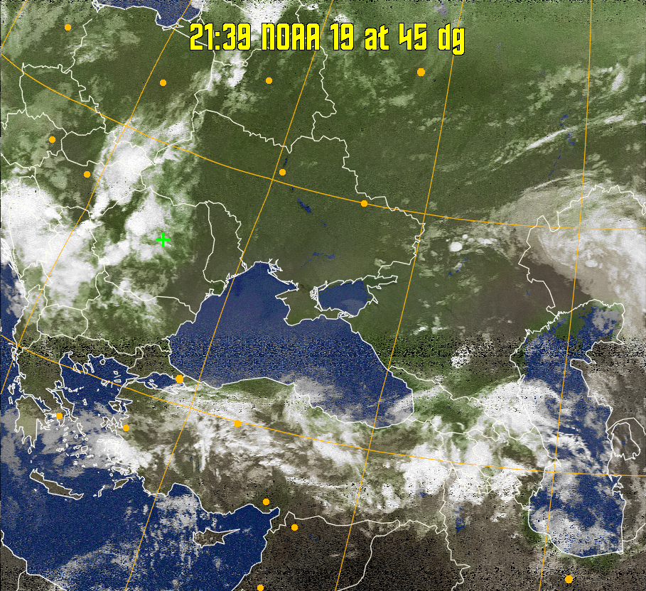 MCIR-precip: 
Colours the NOAA sensor 4 IR image using a map to colour the sea blue and land
green. High clouds appear white, lower clouds gray or land/sea coloured, clouds
generally appear lighter, but distinguishing between land/sea and low cloud may
be difficult. Darker colours indicate warmer regions.