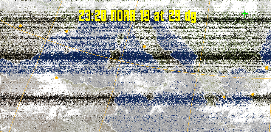 MCIR-precip: 
Colours the NOAA sensor 4 IR image using a map to colour the sea blue and land
green. High clouds appear white, lower clouds gray or land/sea coloured, clouds
generally appear lighter, but distinguishing between land/sea and low cloud may
be difficult. Darker colours indicate warmer regions.