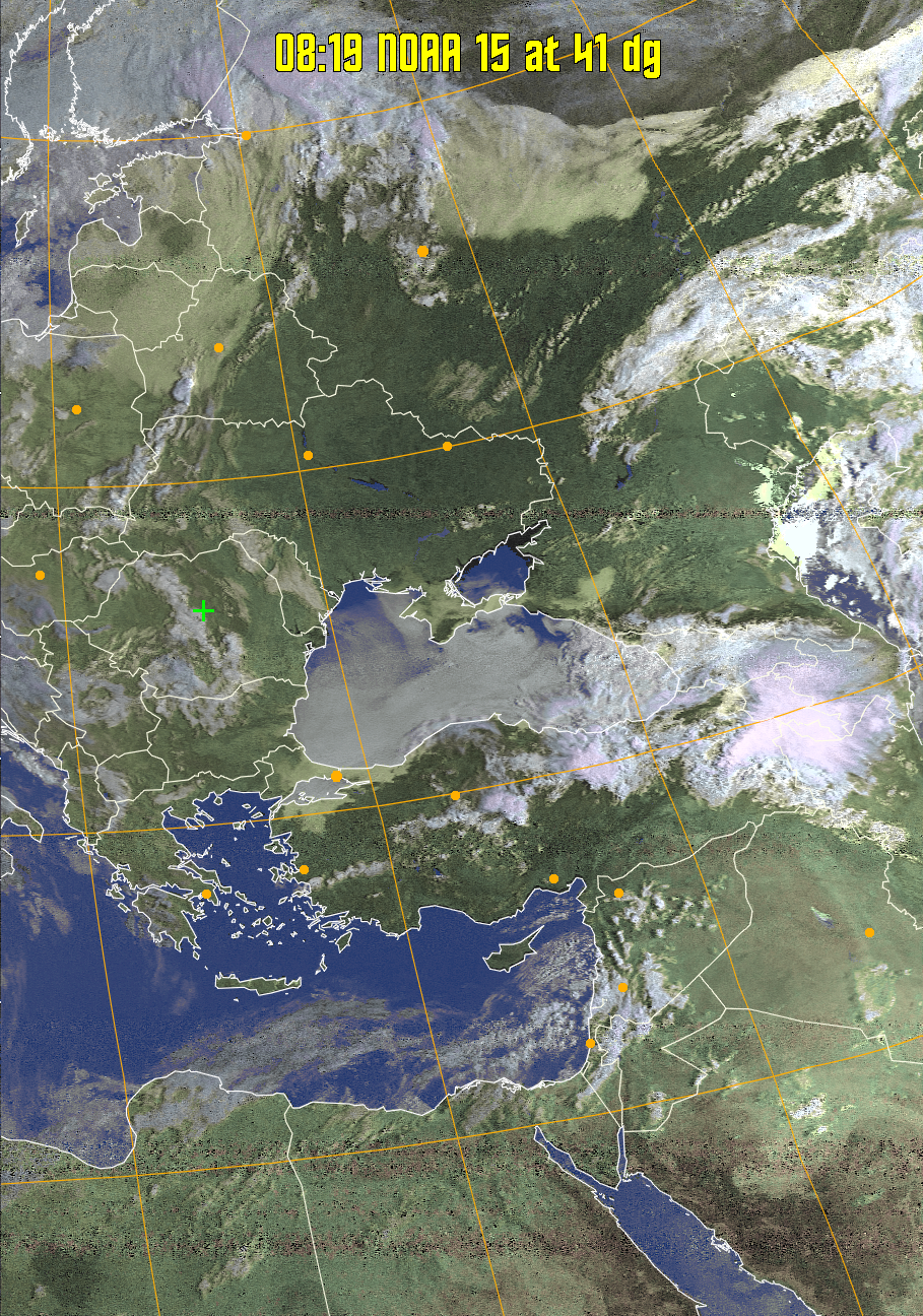 HVCT:
Similar to HVC, but with blue water and with colours more indicative of
land temperatures.
HVC:
Creates a false colour image from NOAA APT images based on temperature using
the HVC colour model. Uses the temperature derived from the sensor 4 image to
select the hue and the brightness from the histogram equalised other image to
select the value and chroma. The HVC colour model attempts to ensure that different colours at the same value will appear to the eye to be the same brightness
and the spacing between colours representing each degree will appear to the eye to
be similar. Bright areas are completely unsaturated in this model.