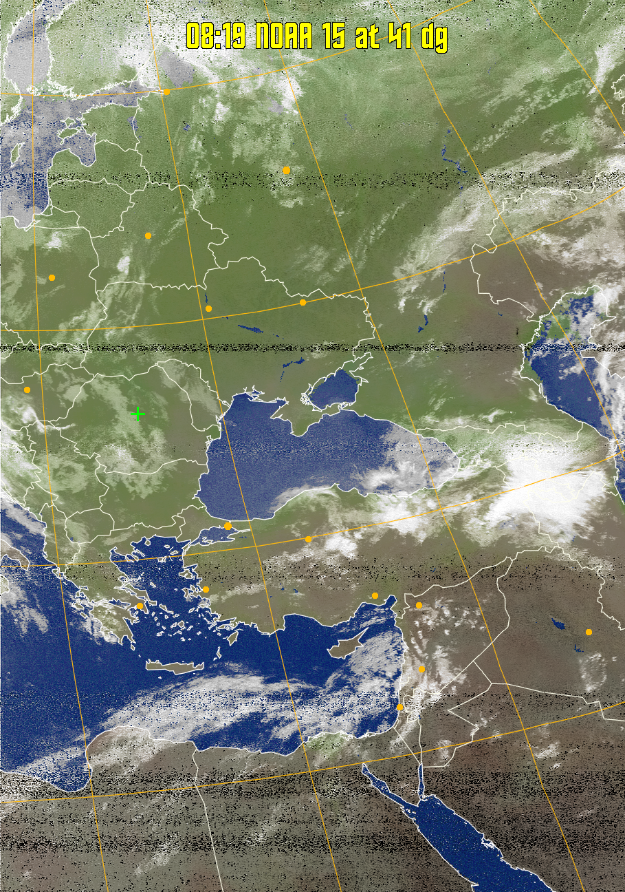 MCIR-precip: 
Colours the NOAA sensor 4 IR image using a map to colour the sea blue and land
green. High clouds appear white, lower clouds gray or land/sea coloured, clouds
generally appear lighter, but distinguishing between land/sea and low cloud may
be difficult. Darker colours indicate warmer regions.