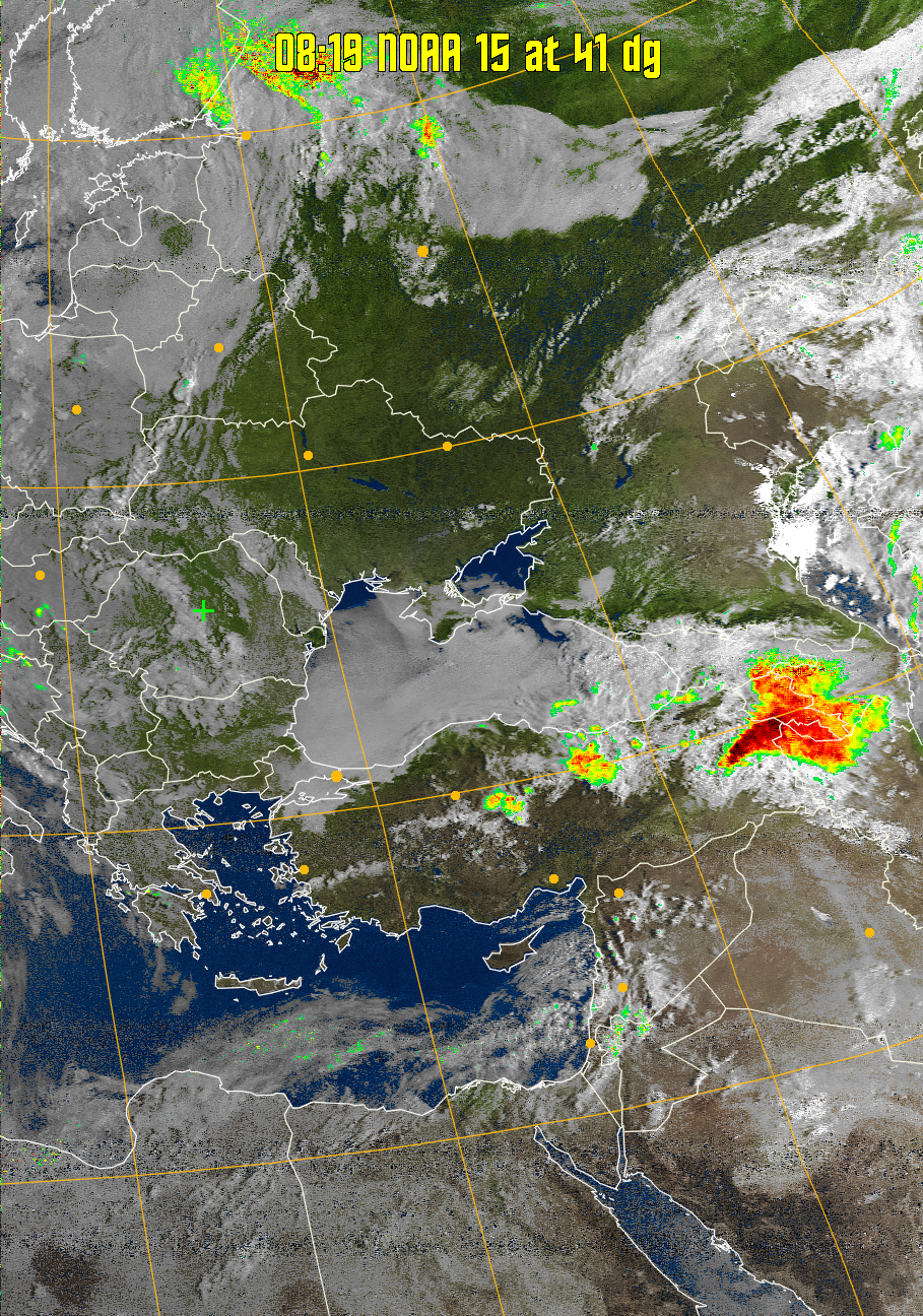 MSA-precip:
Same as MSA multispectral analysis, but high cold cloud tops are coloured the
same as the NO enhancement to give an approximate indication of the probability
and intensity of precipitation.