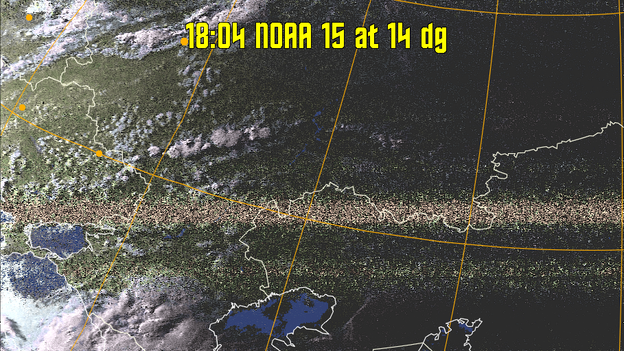 HVCT:
Similar to HVC, but with blue water and with colours more indicative of
land temperatures.
HVC:
Creates a false colour image from NOAA APT images based on temperature using
the HVC colour model. Uses the temperature derived from the sensor 4 image to
select the hue and the brightness from the histogram equalised other image to
select the value and chroma. The HVC colour model attempts to ensure that different colours at the same value will appear to the eye to be the same brightness
and the spacing between colours representing each degree will appear to the eye to
be similar. Bright areas are completely unsaturated in this model.