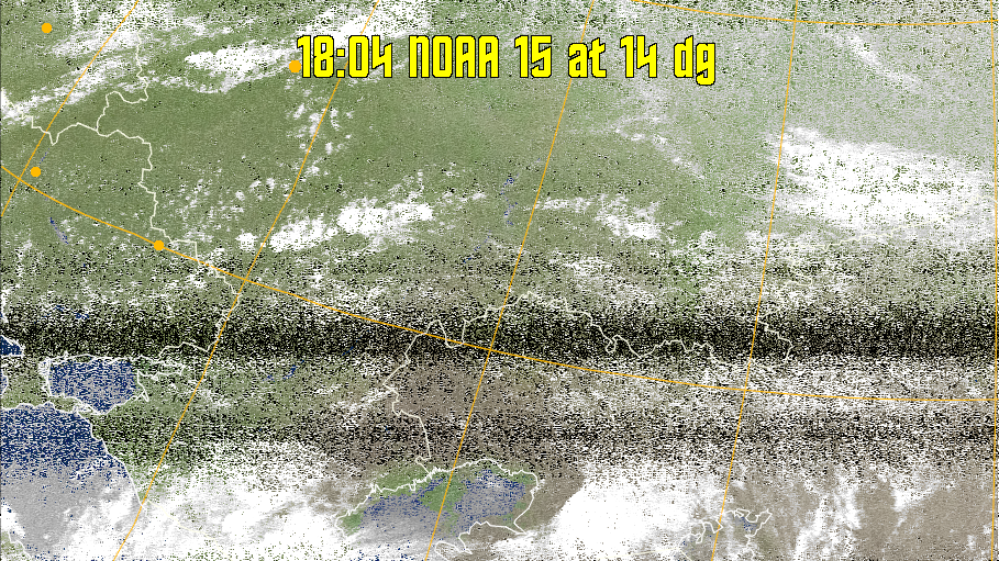 MCIR-precip: 
Colours the NOAA sensor 4 IR image using a map to colour the sea blue and land
green. High clouds appear white, lower clouds gray or land/sea coloured, clouds
generally appear lighter, but distinguishing between land/sea and low cloud may
be difficult. Darker colours indicate warmer regions.