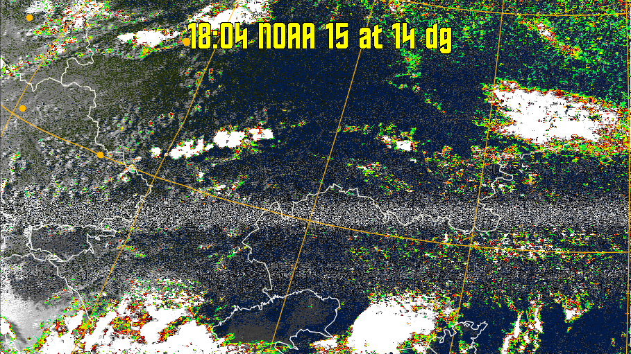 MSA-precip:
Same as MSA multispectral analysis, but high cold cloud tops are coloured the
same as the NO enhancement to give an approximate indication of the probability
and intensity of precipitation.