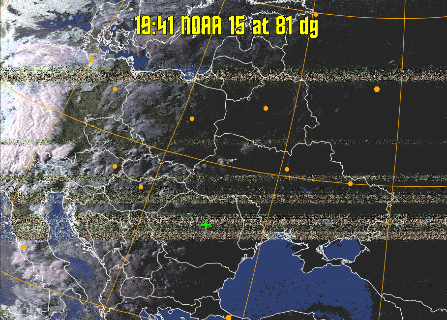 HVCT:
Similar to HVC, but with blue water and with colours more indicative of
land temperatures.
HVC:
Creates a false colour image from NOAA APT images based on temperature using
the HVC colour model. Uses the temperature derived from the sensor 4 image to
select the hue and the brightness from the histogram equalised other image to
select the value and chroma. The HVC colour model attempts to ensure that different colours at the same value will appear to the eye to be the same brightness
and the spacing between colours representing each degree will appear to the eye to
be similar. Bright areas are completely unsaturated in this model.