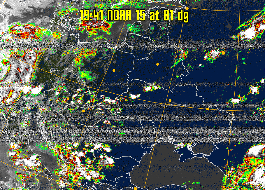 MSA-precip:
Same as MSA multispectral analysis, but high cold cloud tops are coloured the
same as the NO enhancement to give an approximate indication of the probability
and intensity of precipitation.