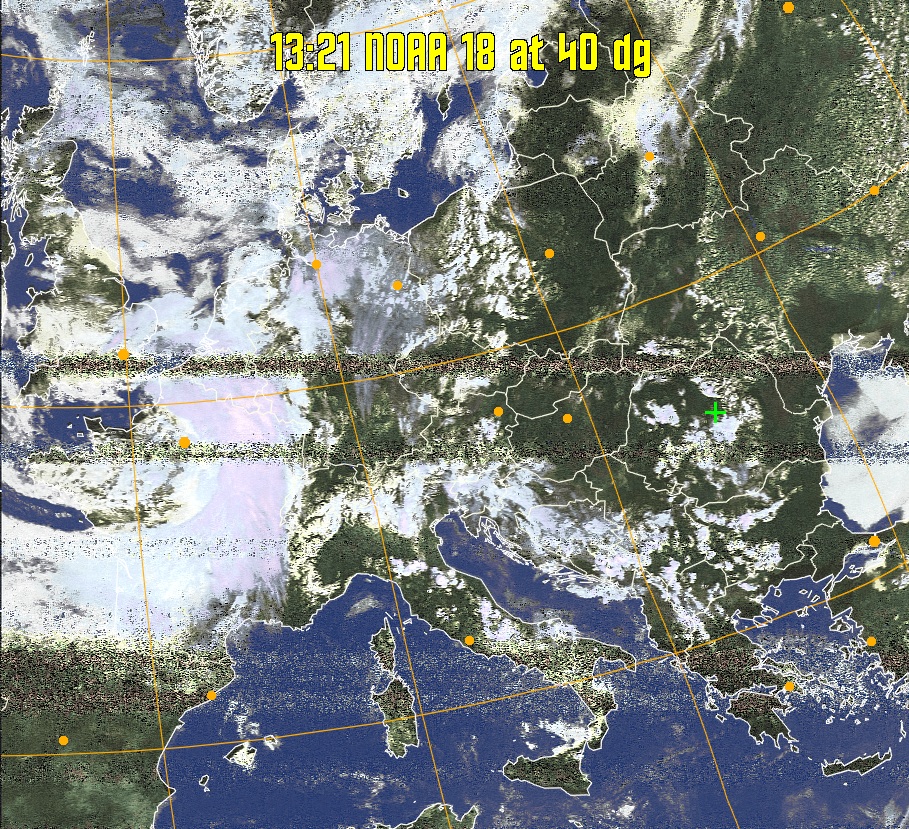 HVCT:
Similar to HVC, but with blue water and with colours more indicative of
land temperatures.
HVC:
Creates a false colour image from NOAA APT images based on temperature using
the HVC colour model. Uses the temperature derived from the sensor 4 image to
select the hue and the brightness from the histogram equalised other image to
select the value and chroma. The HVC colour model attempts to ensure that different colours at the same value will appear to the eye to be the same brightness
and the spacing between colours representing each degree will appear to the eye to
be similar. Bright areas are completely unsaturated in this model.