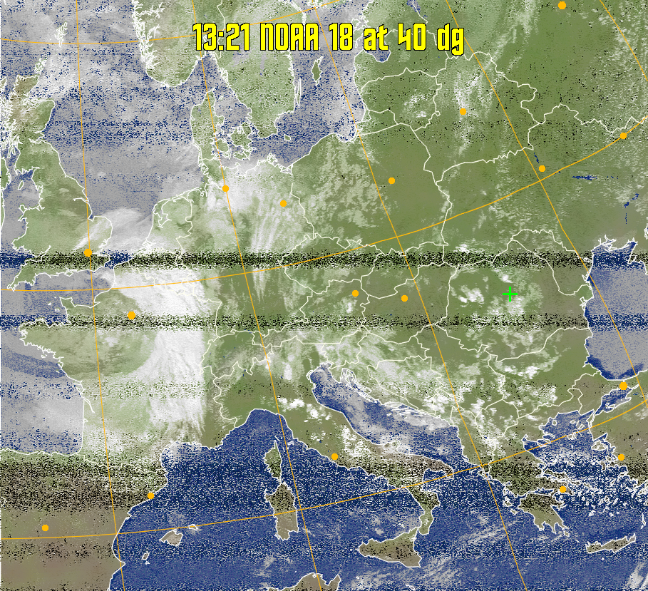 MCIR-precip: 
Colours the NOAA sensor 4 IR image using a map to colour the sea blue and land
green. High clouds appear white, lower clouds gray or land/sea coloured, clouds
generally appear lighter, but distinguishing between land/sea and low cloud may
be difficult. Darker colours indicate warmer regions.