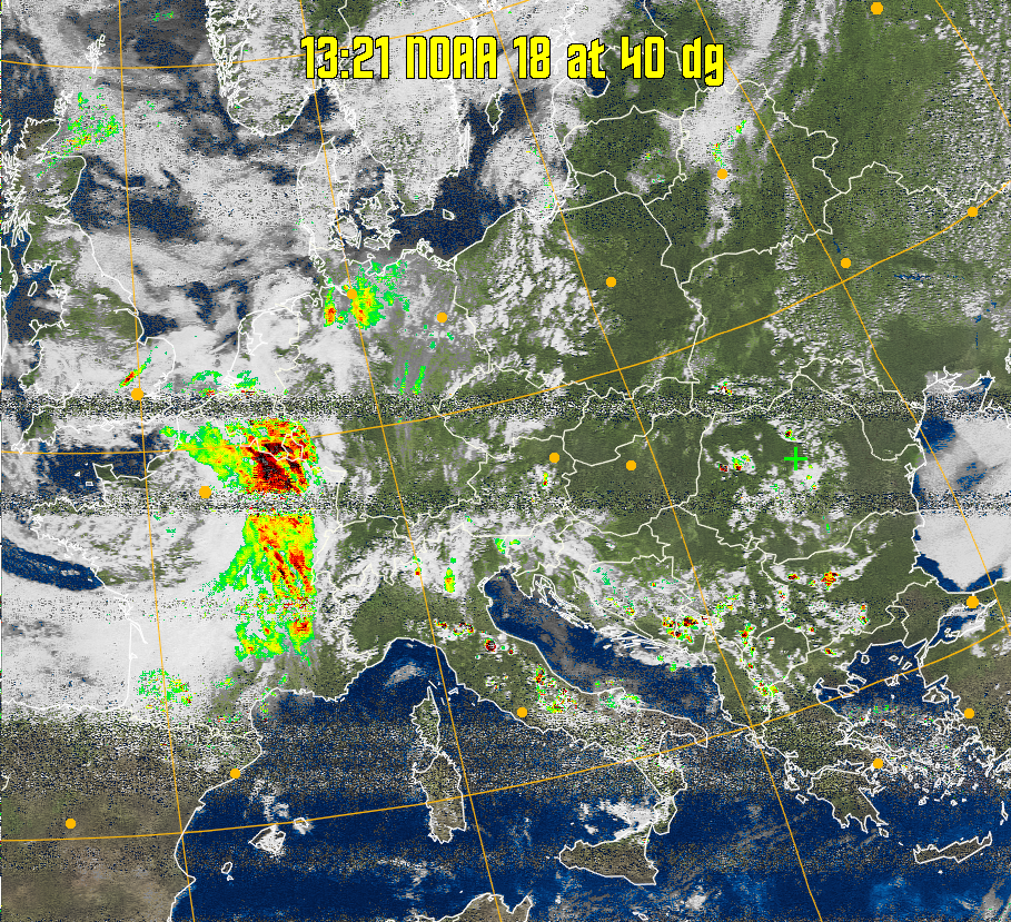 MSA-precip:
Same as MSA multispectral analysis, but high cold cloud tops are coloured the
same as the NO enhancement to give an approximate indication of the probability
and intensity of precipitation.