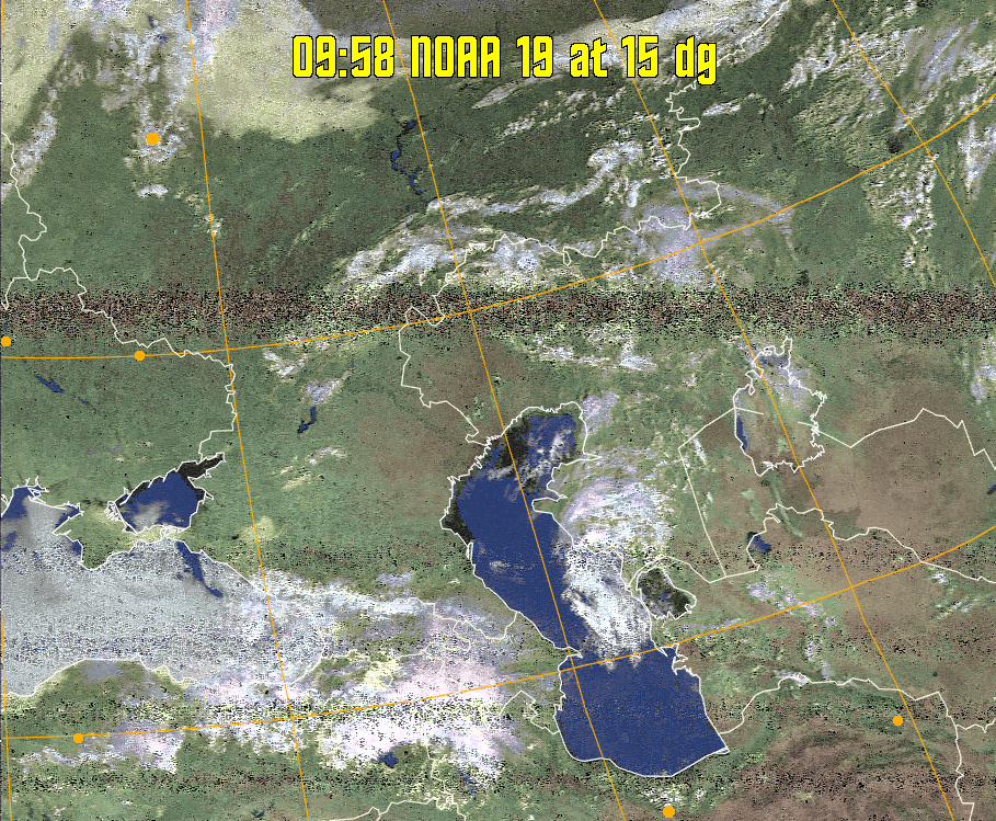 HVCT:
Similar to HVC, but with blue water and with colours more indicative of
land temperatures.
HVC:
Creates a false colour image from NOAA APT images based on temperature using
the HVC colour model. Uses the temperature derived from the sensor 4 image to
select the hue and the brightness from the histogram equalised other image to
select the value and chroma. The HVC colour model attempts to ensure that different colours at the same value will appear to the eye to be the same brightness
and the spacing between colours representing each degree will appear to the eye to
be similar. Bright areas are completely unsaturated in this model.