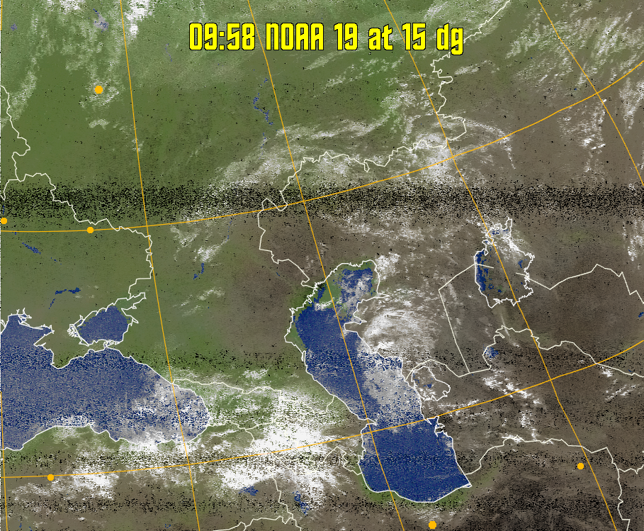 MCIR-precip: 
Colours the NOAA sensor 4 IR image using a map to colour the sea blue and land
green. High clouds appear white, lower clouds gray or land/sea coloured, clouds
generally appear lighter, but distinguishing between land/sea and low cloud may
be difficult. Darker colours indicate warmer regions.