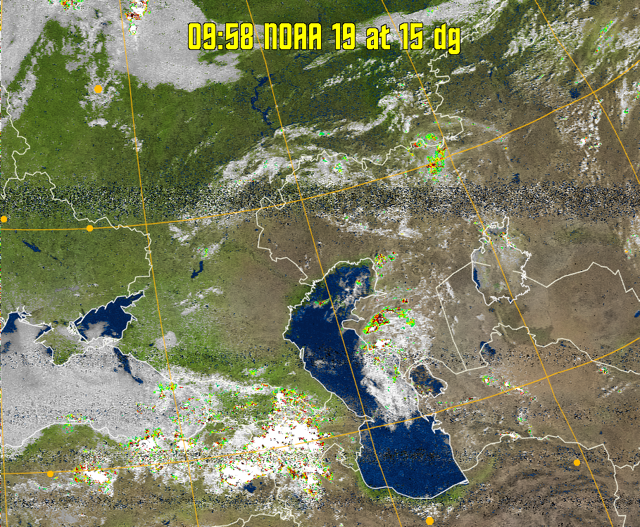 MSA-precip:
Same as MSA multispectral analysis, but high cold cloud tops are coloured the
same as the NO enhancement to give an approximate indication of the probability
and intensity of precipitation.