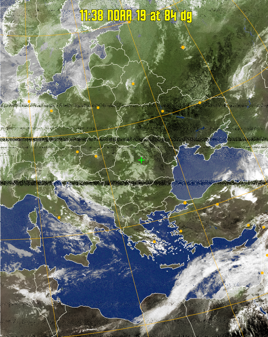 MCIR-precip: 
Colours the NOAA sensor 4 IR image using a map to colour the sea blue and land
green. High clouds appear white, lower clouds gray or land/sea coloured, clouds
generally appear lighter, but distinguishing between land/sea and low cloud may
be difficult. Darker colours indicate warmer regions.