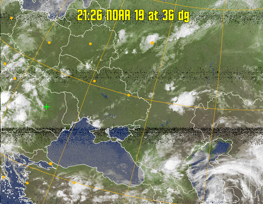 MCIR-precip: 
Colours the NOAA sensor 4 IR image using a map to colour the sea blue and land
green. High clouds appear white, lower clouds gray or land/sea coloured, clouds
generally appear lighter, but distinguishing between land/sea and low cloud may
be difficult. Darker colours indicate warmer regions.