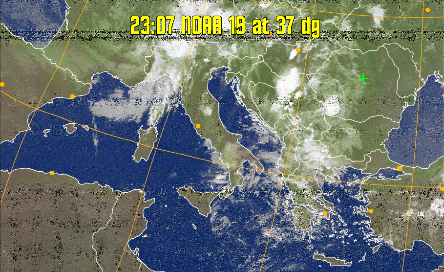 MCIR-precip: 
Colours the NOAA sensor 4 IR image using a map to colour the sea blue and land
green. High clouds appear white, lower clouds gray or land/sea coloured, clouds
generally appear lighter, but distinguishing between land/sea and low cloud may
be difficult. Darker colours indicate warmer regions.