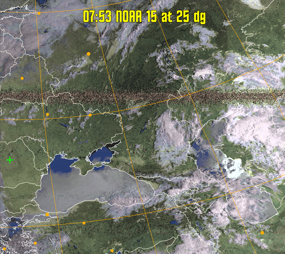 HVCT:
Similar to HVC, but with blue water and with colours more indicative of
land temperatures.
HVC:
Creates a false colour image from NOAA APT images based on temperature using
the HVC colour model. Uses the temperature derived from the sensor 4 image to
select the hue and the brightness from the histogram equalised other image to
select the value and chroma. The HVC colour model attempts to ensure that different colours at the same value will appear to the eye to be the same brightness
and the spacing between colours representing each degree will appear to the eye to
be similar. Bright areas are completely unsaturated in this model.