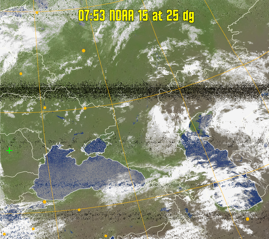 MCIR-precip: 
Colours the NOAA sensor 4 IR image using a map to colour the sea blue and land
green. High clouds appear white, lower clouds gray or land/sea coloured, clouds
generally appear lighter, but distinguishing between land/sea and low cloud may
be difficult. Darker colours indicate warmer regions.