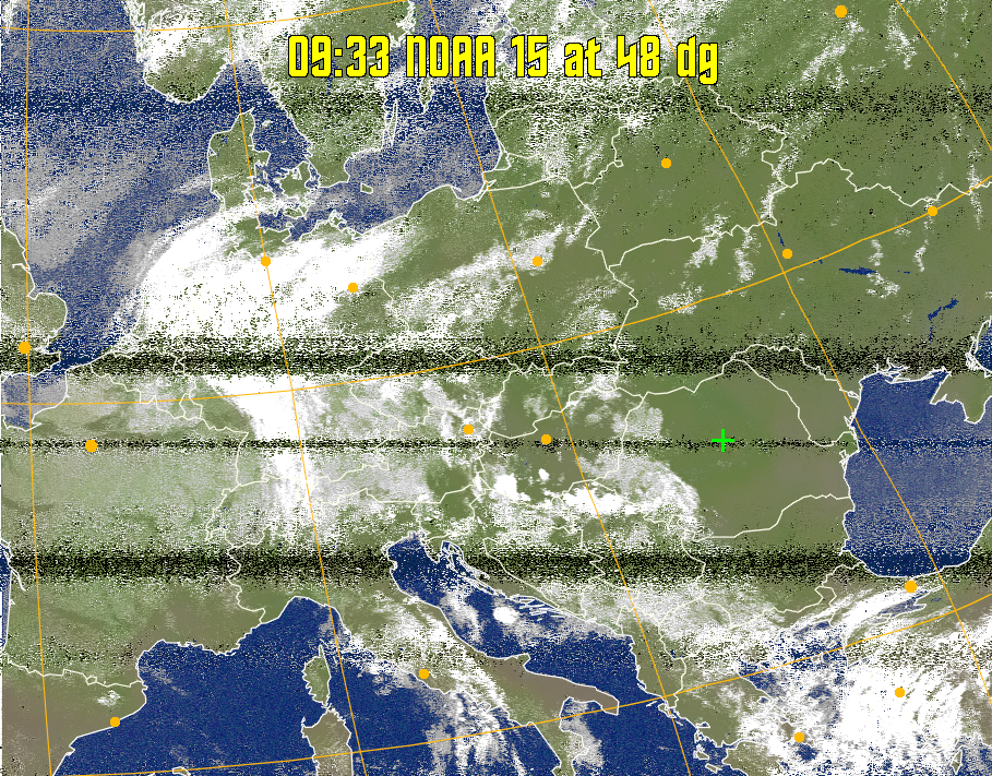 MCIR-precip: 
Colours the NOAA sensor 4 IR image using a map to colour the sea blue and land
green. High clouds appear white, lower clouds gray or land/sea coloured, clouds
generally appear lighter, but distinguishing between land/sea and low cloud may
be difficult. Darker colours indicate warmer regions.