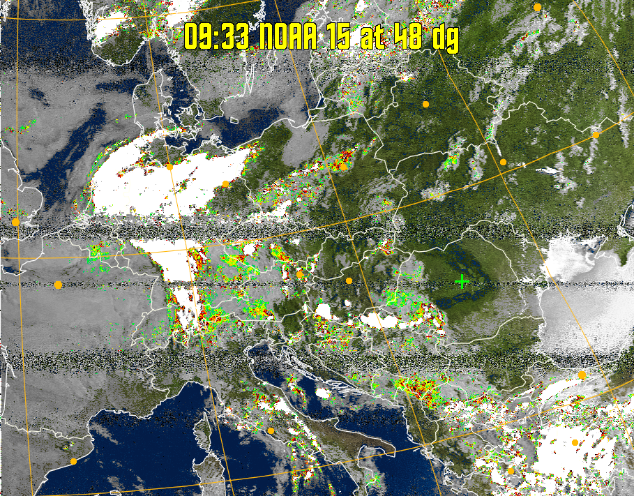 MSA-precip:
Same as MSA multispectral analysis, but high cold cloud tops are coloured the
same as the NO enhancement to give an approximate indication of the probability
and intensity of precipitation.