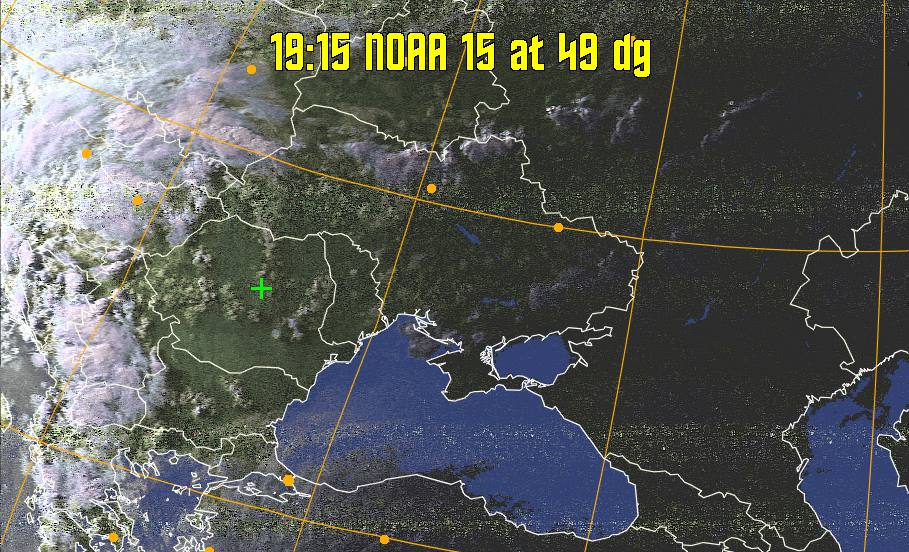 HVCT:
Similar to HVC, but with blue water and with colours more indicative of
land temperatures.
HVC:
Creates a false colour image from NOAA APT images based on temperature using
the HVC colour model. Uses the temperature derived from the sensor 4 image to
select the hue and the brightness from the histogram equalised other image to
select the value and chroma. The HVC colour model attempts to ensure that different colours at the same value will appear to the eye to be the same brightness
and the spacing between colours representing each degree will appear to the eye to
be similar. Bright areas are completely unsaturated in this model.
