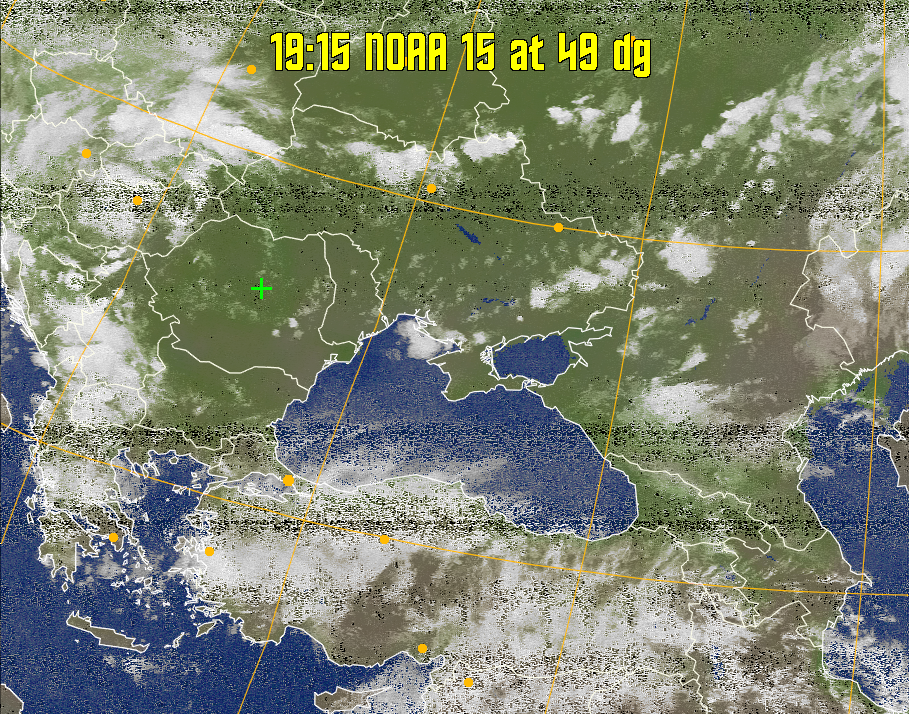MCIR-precip: 
Colours the NOAA sensor 4 IR image using a map to colour the sea blue and land
green. High clouds appear white, lower clouds gray or land/sea coloured, clouds
generally appear lighter, but distinguishing between land/sea and low cloud may
be difficult. Darker colours indicate warmer regions.