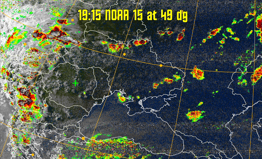 MSA-precip:
Same as MSA multispectral analysis, but high cold cloud tops are coloured the
same as the NO enhancement to give an approximate indication of the probability
and intensity of precipitation.