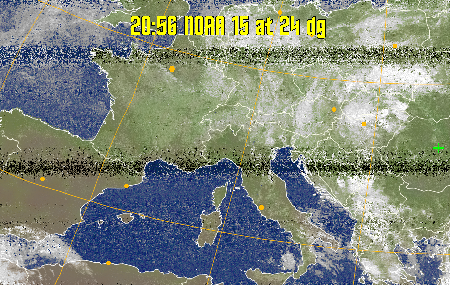 MCIR-precip: 
Colours the NOAA sensor 4 IR image using a map to colour the sea blue and land
green. High clouds appear white, lower clouds gray or land/sea coloured, clouds
generally appear lighter, but distinguishing between land/sea and low cloud may
be difficult. Darker colours indicate warmer regions.