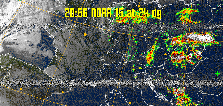 MSA-precip:
Same as MSA multispectral analysis, but high cold cloud tops are coloured the
same as the NO enhancement to give an approximate indication of the probability
and intensity of precipitation.