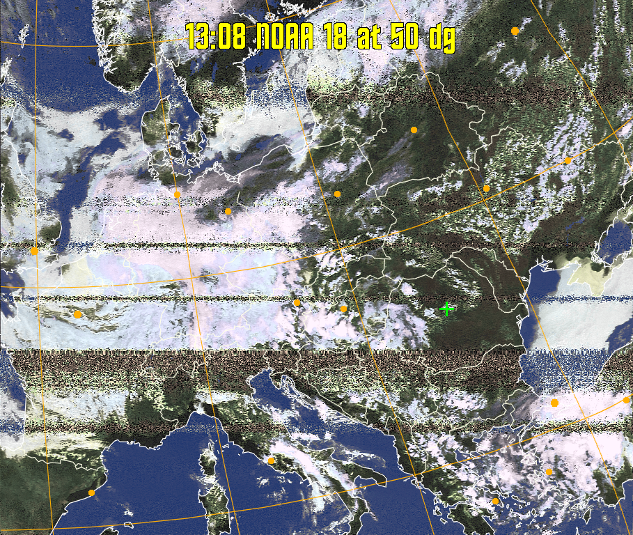 HVCT:
Similar to HVC, but with blue water and with colours more indicative of
land temperatures.
HVC:
Creates a false colour image from NOAA APT images based on temperature using
the HVC colour model. Uses the temperature derived from the sensor 4 image to
select the hue and the brightness from the histogram equalised other image to
select the value and chroma. The HVC colour model attempts to ensure that different colours at the same value will appear to the eye to be the same brightness
and the spacing between colours representing each degree will appear to the eye to
be similar. Bright areas are completely unsaturated in this model.