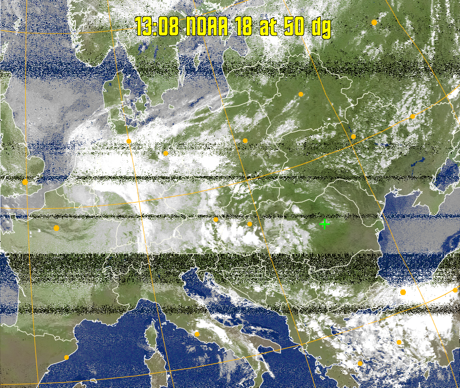 MCIR-precip: 
Colours the NOAA sensor 4 IR image using a map to colour the sea blue and land
green. High clouds appear white, lower clouds gray or land/sea coloured, clouds
generally appear lighter, but distinguishing between land/sea and low cloud may
be difficult. Darker colours indicate warmer regions.