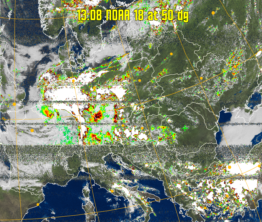 MSA-precip:
Same as MSA multispectral analysis, but high cold cloud tops are coloured the
same as the NO enhancement to give an approximate indication of the probability
and intensity of precipitation.