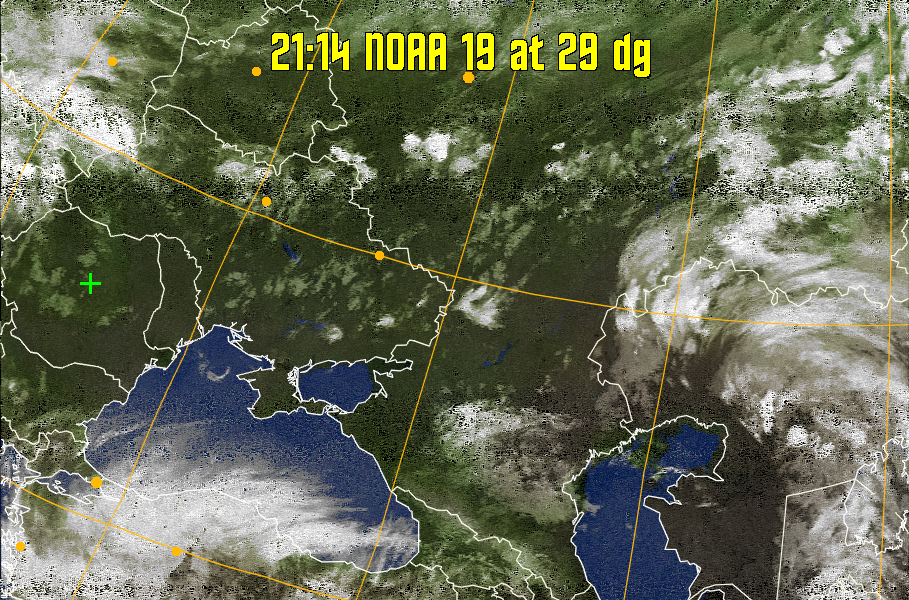 MCIR-precip: 
Colours the NOAA sensor 4 IR image using a map to colour the sea blue and land
green. High clouds appear white, lower clouds gray or land/sea coloured, clouds
generally appear lighter, but distinguishing between land/sea and low cloud may
be difficult. Darker colours indicate warmer regions.