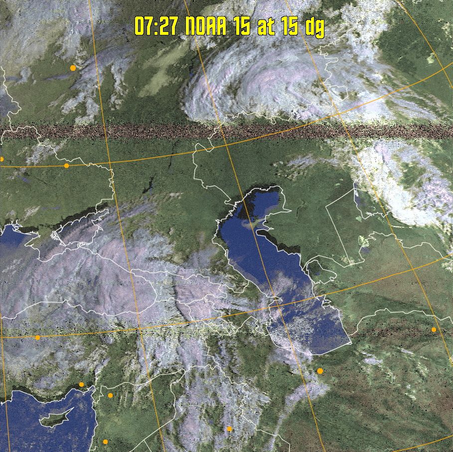HVCT:
Similar to HVC, but with blue water and with colours more indicative of
land temperatures.
HVC:
Creates a false colour image from NOAA APT images based on temperature using
the HVC colour model. Uses the temperature derived from the sensor 4 image to
select the hue and the brightness from the histogram equalised other image to
select the value and chroma. The HVC colour model attempts to ensure that different colours at the same value will appear to the eye to be the same brightness
and the spacing between colours representing each degree will appear to the eye to
be similar. Bright areas are completely unsaturated in this model.