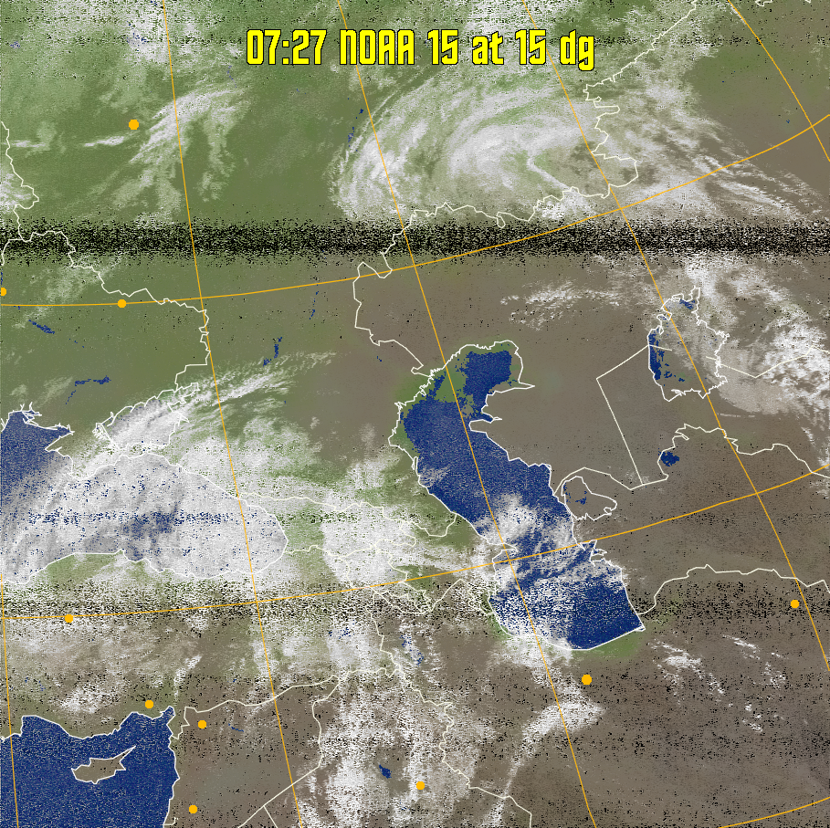 MCIR-precip: 
Colours the NOAA sensor 4 IR image using a map to colour the sea blue and land
green. High clouds appear white, lower clouds gray or land/sea coloured, clouds
generally appear lighter, but distinguishing between land/sea and low cloud may
be difficult. Darker colours indicate warmer regions.